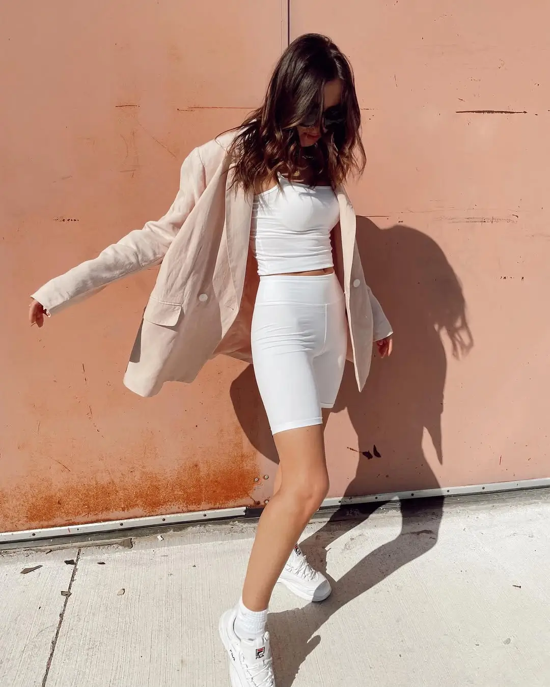 biker shorts outfits summer 2026 All White Biker Shorts Look with Soft Blazer Layer