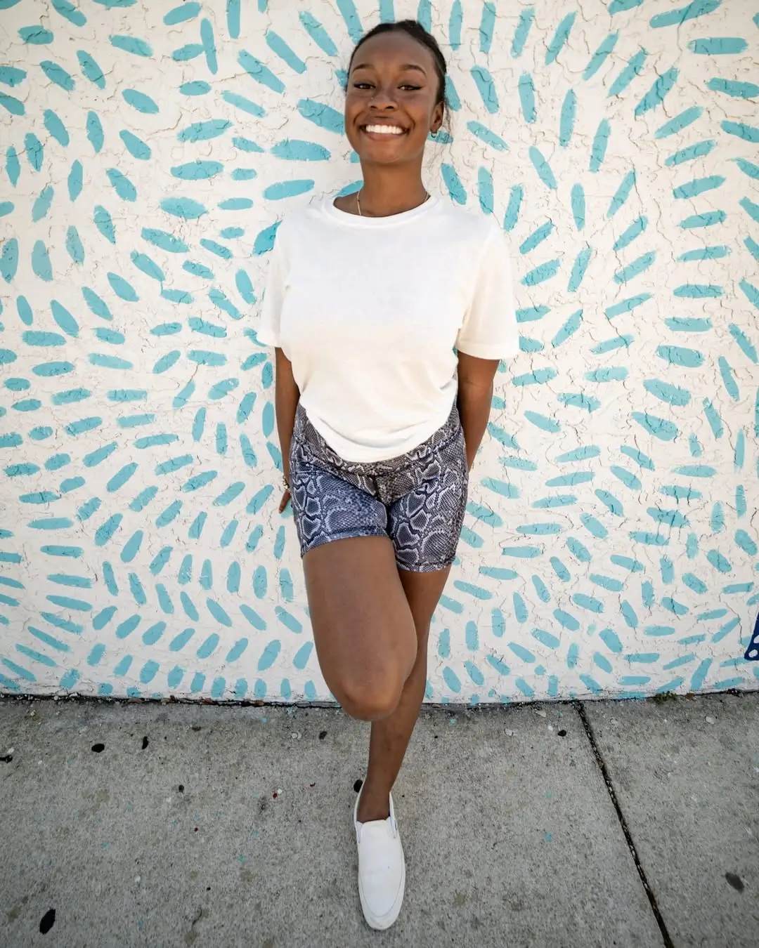 biker shorts outfits summer 2026 Snake Print Biker Shorts with Clean White Tee Balance