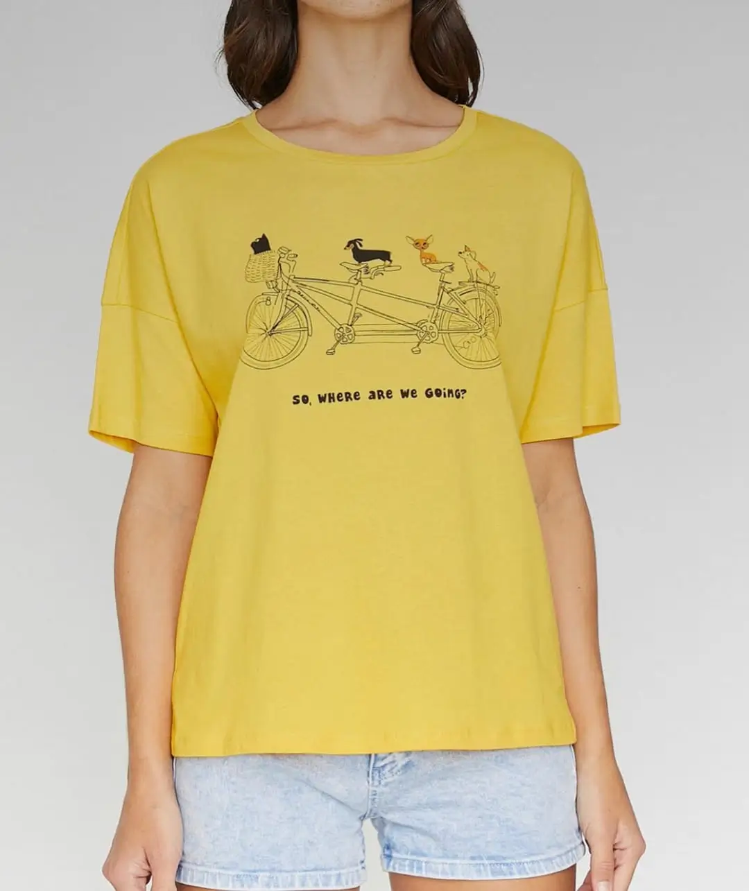 casual summer t-shirt outfit for women 2026 Sunny Yellow Tee with Playful Graphic Energy