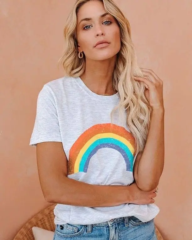 casual summer t-shirt outfit for women 2026 Rainbow Graphic Tee with a Playful Classic Twist