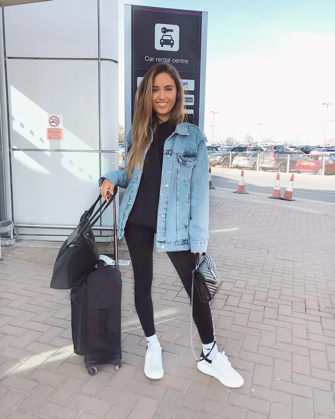 comfy airport outfits summer 2026 Classic Leggings and Denim Jacket Off-Duty Formula