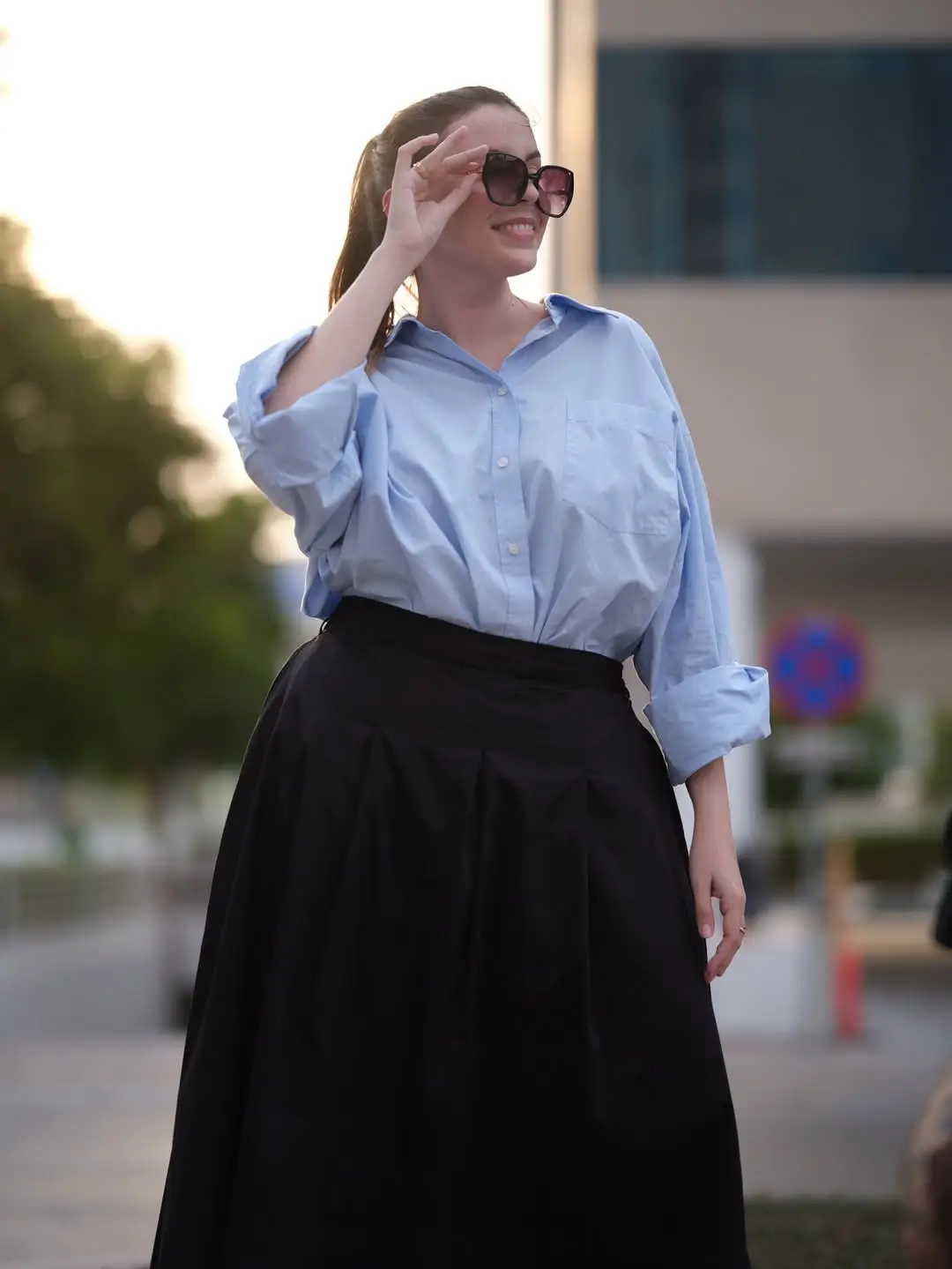 midsize outfits for women summer 2026 Crisp Shirt and Full Skirt Modern Feminine Balance