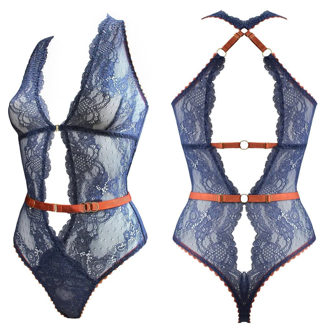 summer bodysuit outfits for women 2026 Deep Blue Lace Bodysuit with Sculpted Details