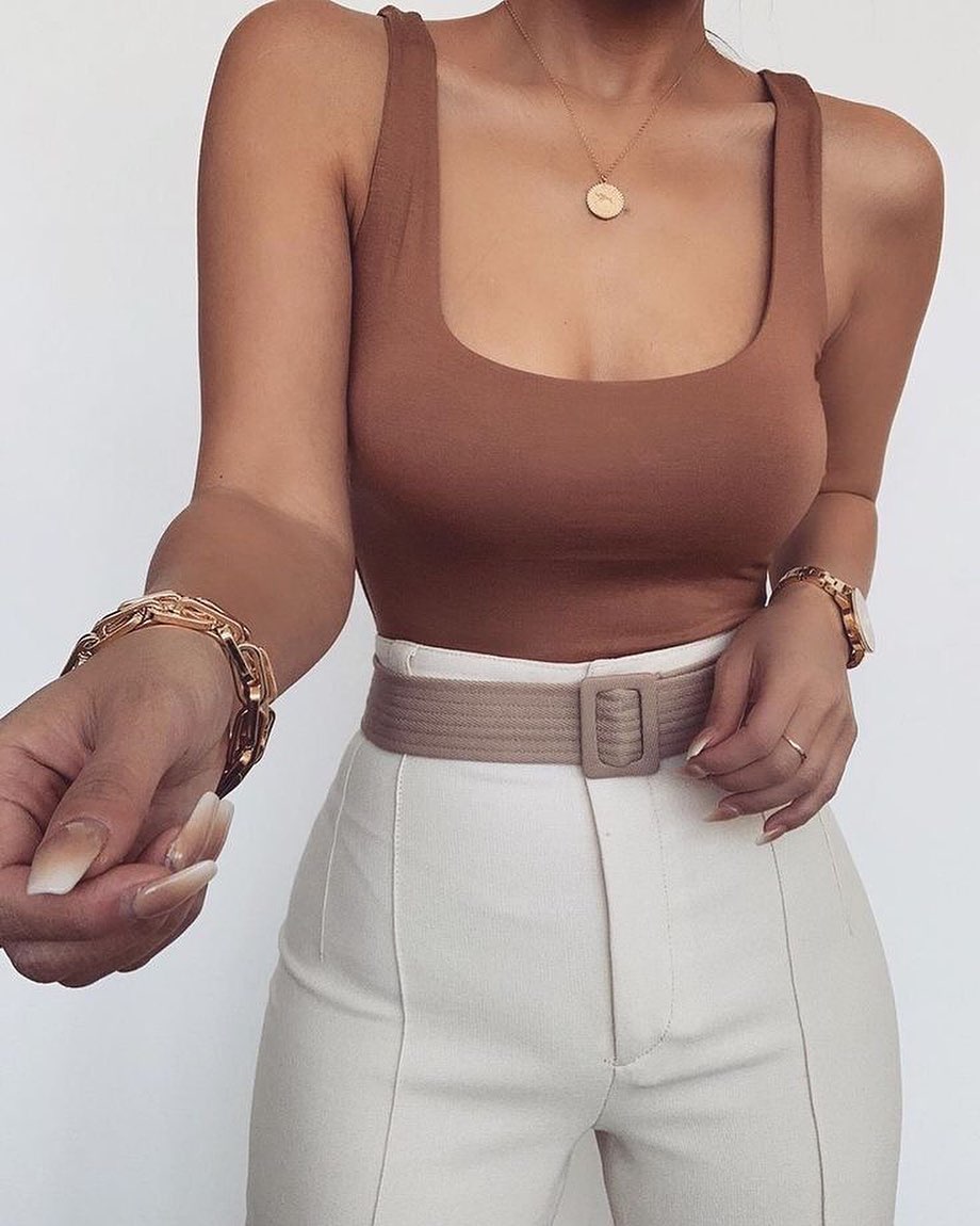 summer bodysuit outfits for women 2026 Soft Brown Minimalism with a Belted Waist Moment