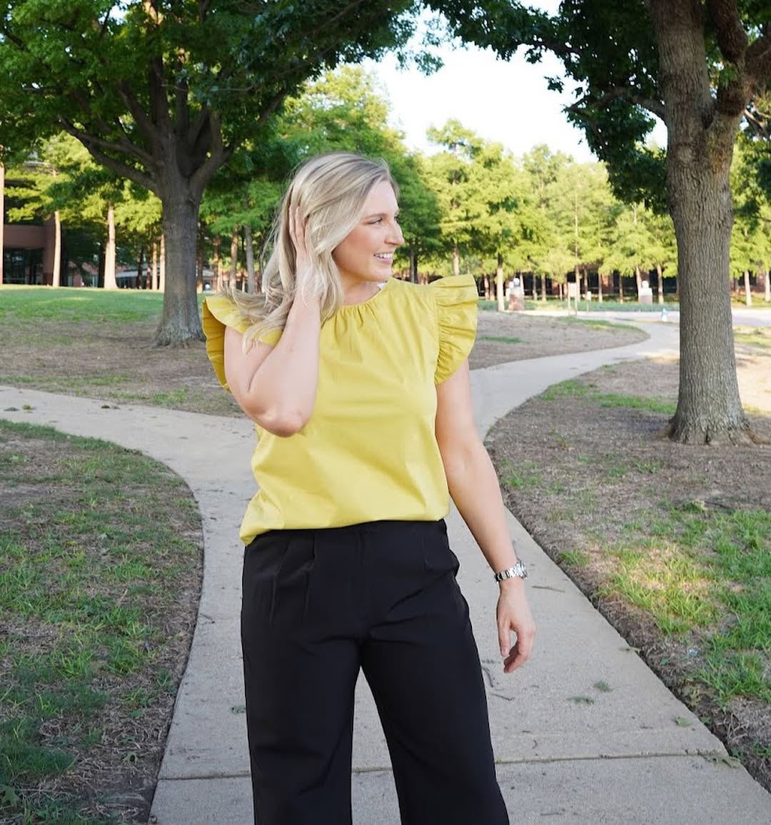 summer business casual outfit for women 2026 Soft Yellow Blouse and Tailored Black Pants