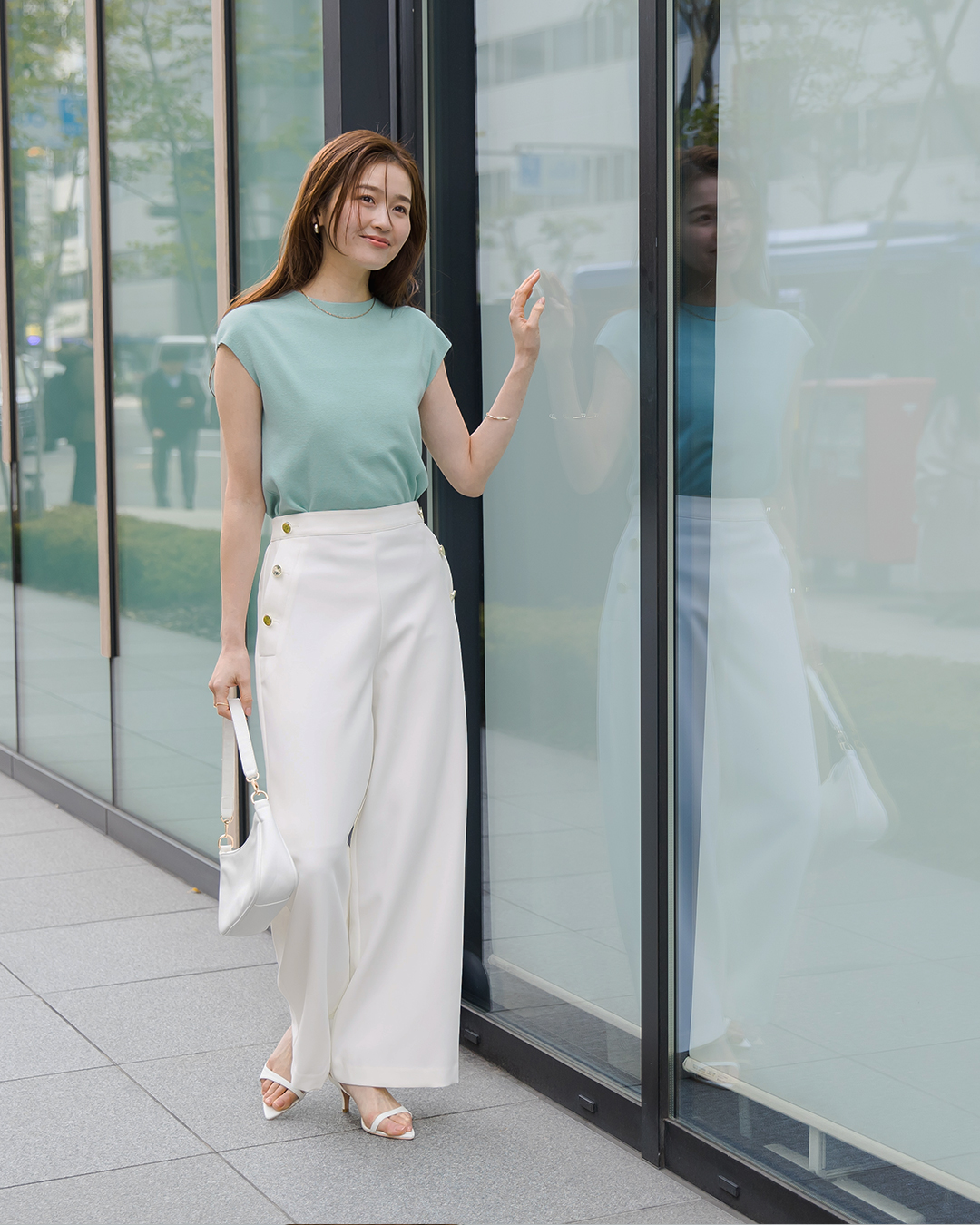 summer business casual outfit for women 2026 Mint Top and Flowing White Pants