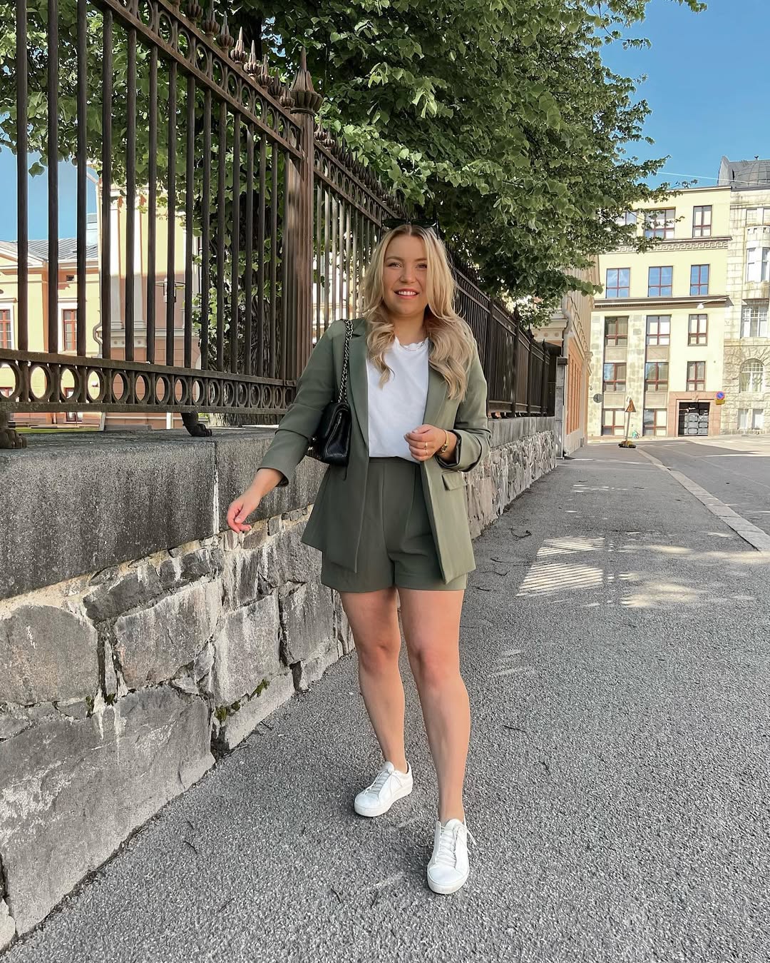 summer business casual outfit for women 2026 Olive Blazer and Shorts with Sneakers