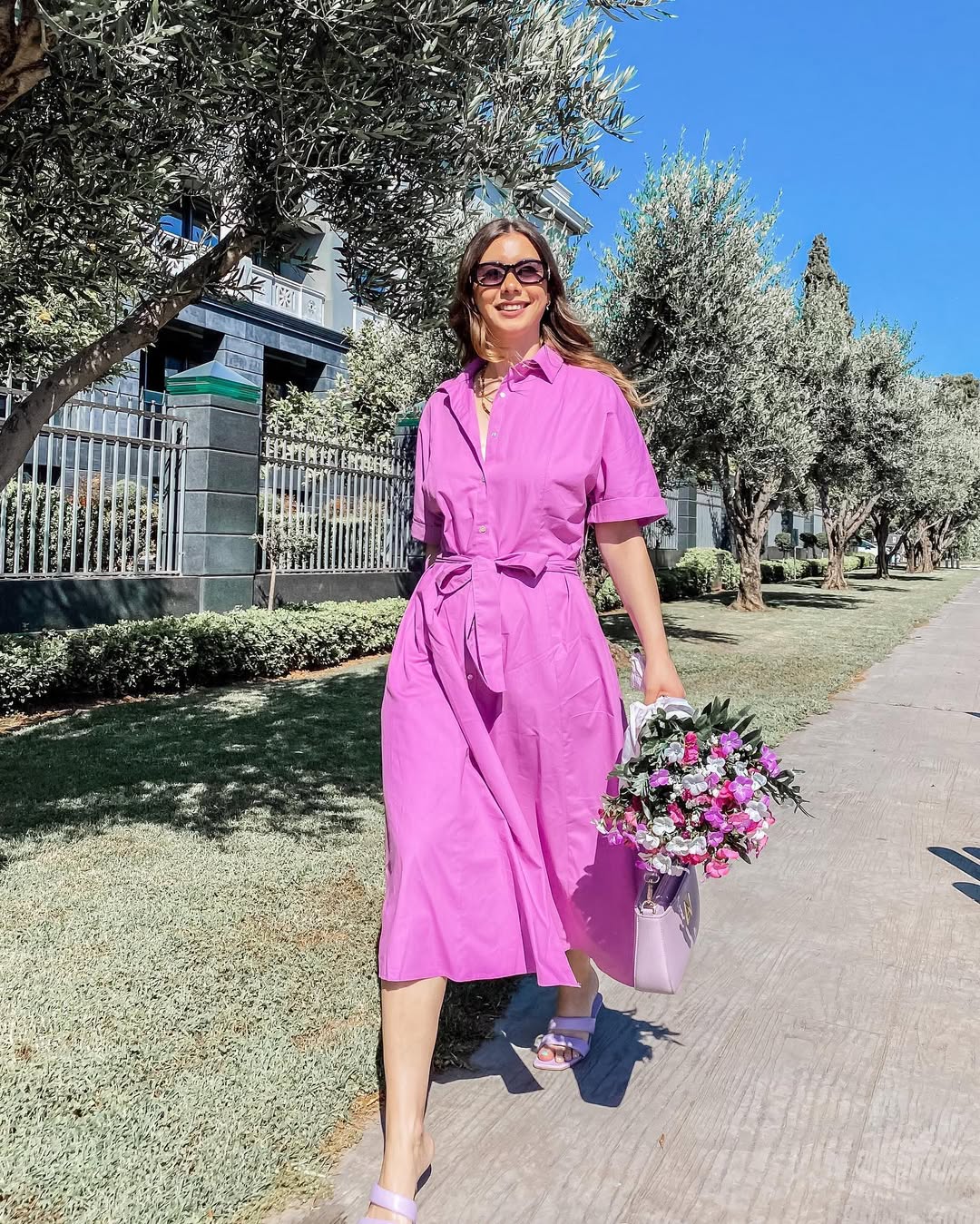 summer business casual outfit for women 2026 Bright Pink Shirt Dress