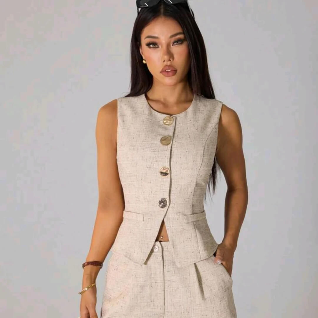 summer business casual outfit for women 2026 Beige Tailored Vest Set