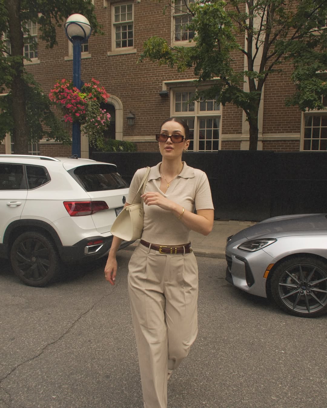 summer business casual outfit for women 2026 Neutral Polo and Tailored Pants