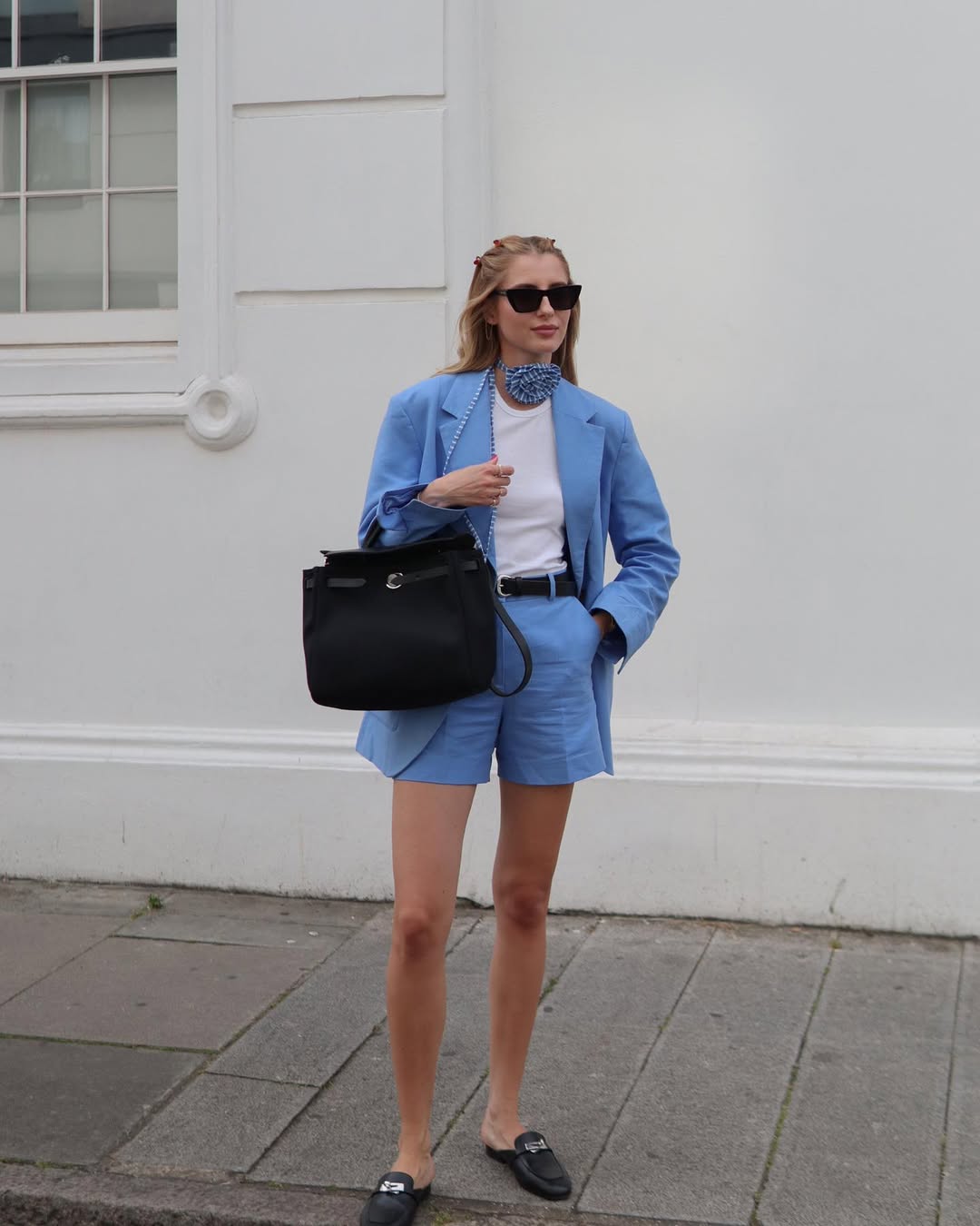 summer business casual outfit for women 2026 Powder Blue Blazer and Shorts Set