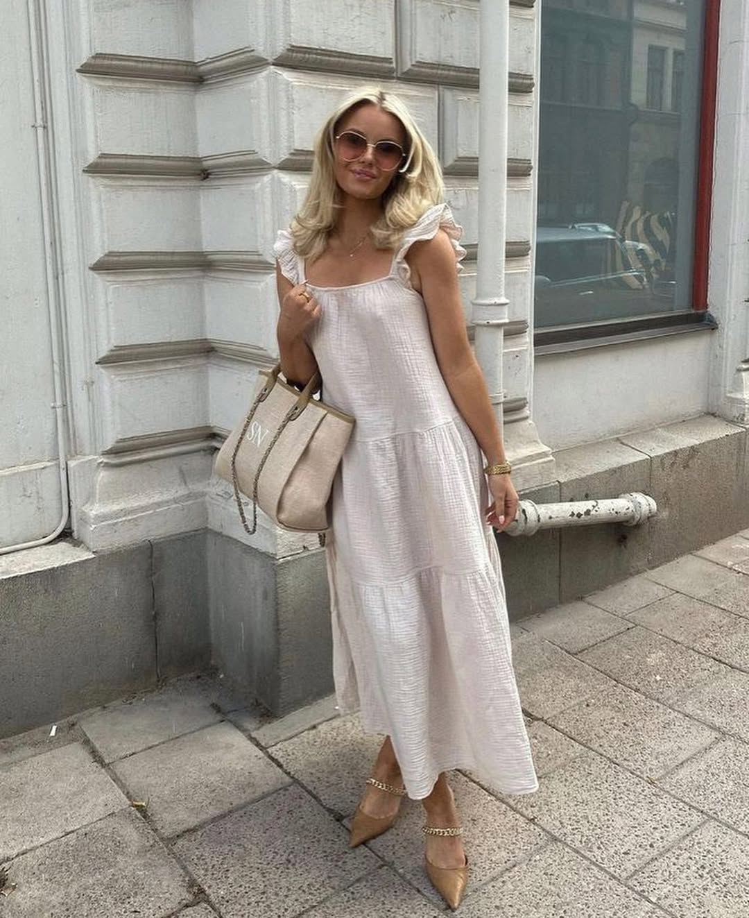 summer business casual outfit for women 2026 Soft Beige Midi Dress