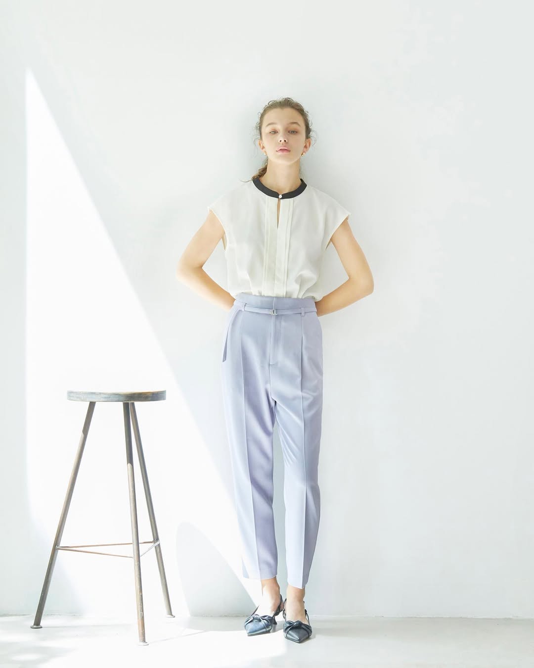 summer business casual outfit for women 2026 Minimal Ivory Top and Tailored Gray Pants