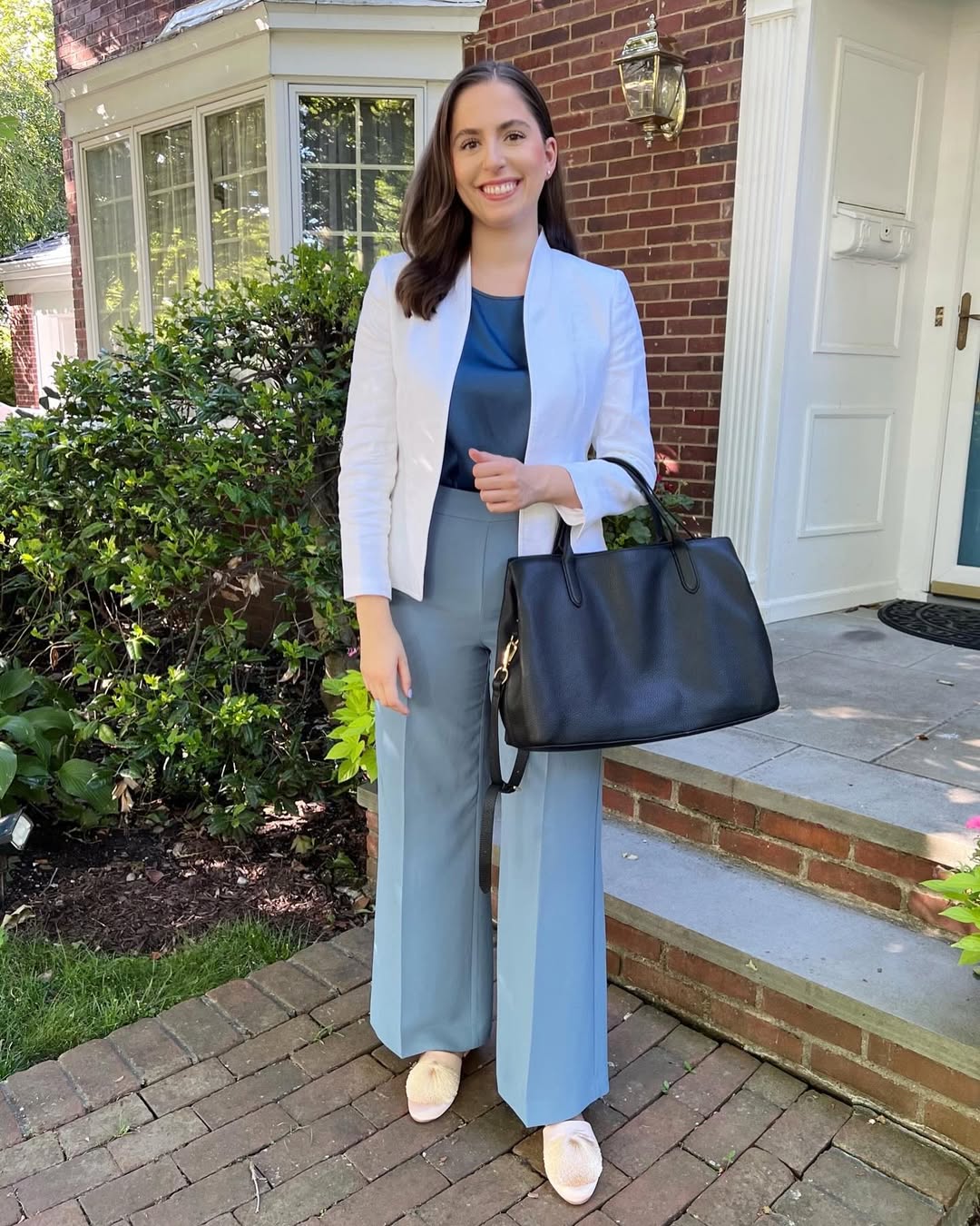 summer business casual outfit for women 2026 White Blazer and Soft Blue Wide-Leg Pants