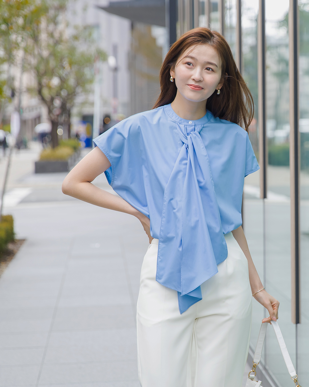 summer business casual outfit for women 2026 Sky Blue Blouse and White Trousers
