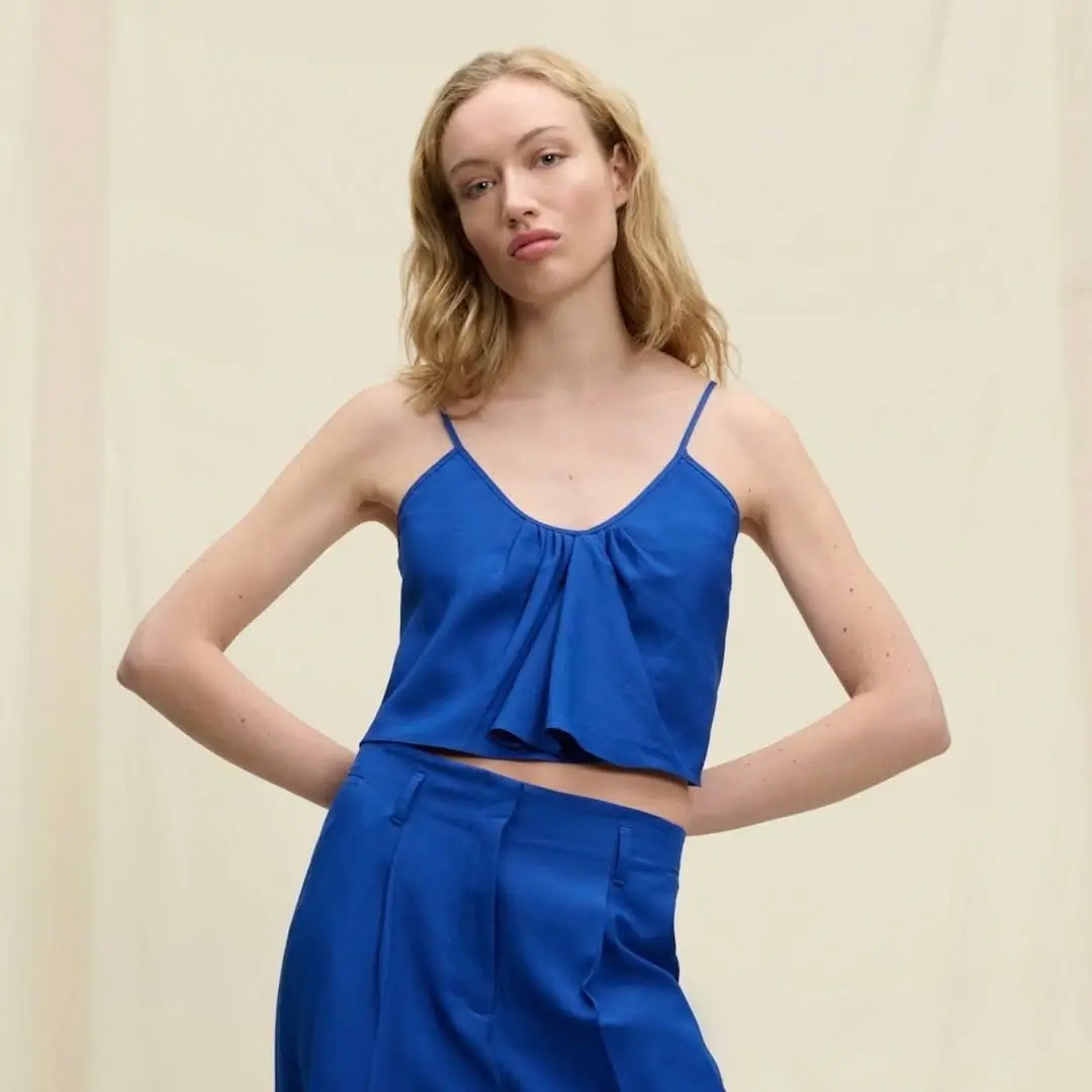 summer crop top outfits for women Fluid Blue Crop Top for Relaxed Summer Tailoring