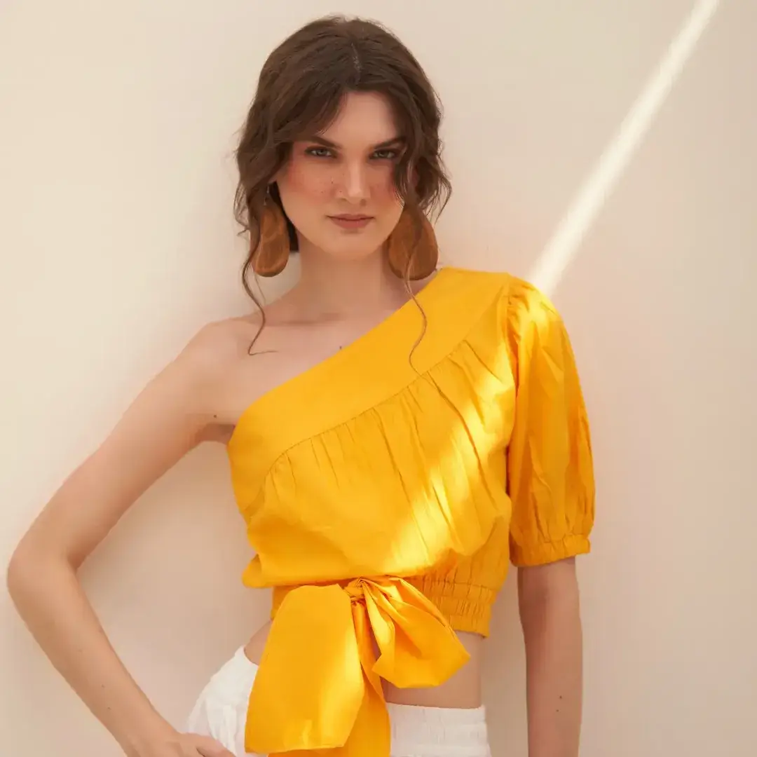 summer crop top outfits for women Sunlit One-Shoulder Crop with Statement Bow Detail