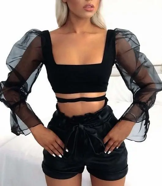summer crop top outfits for women Sheer Drama Meets Modern Black Minimalism
