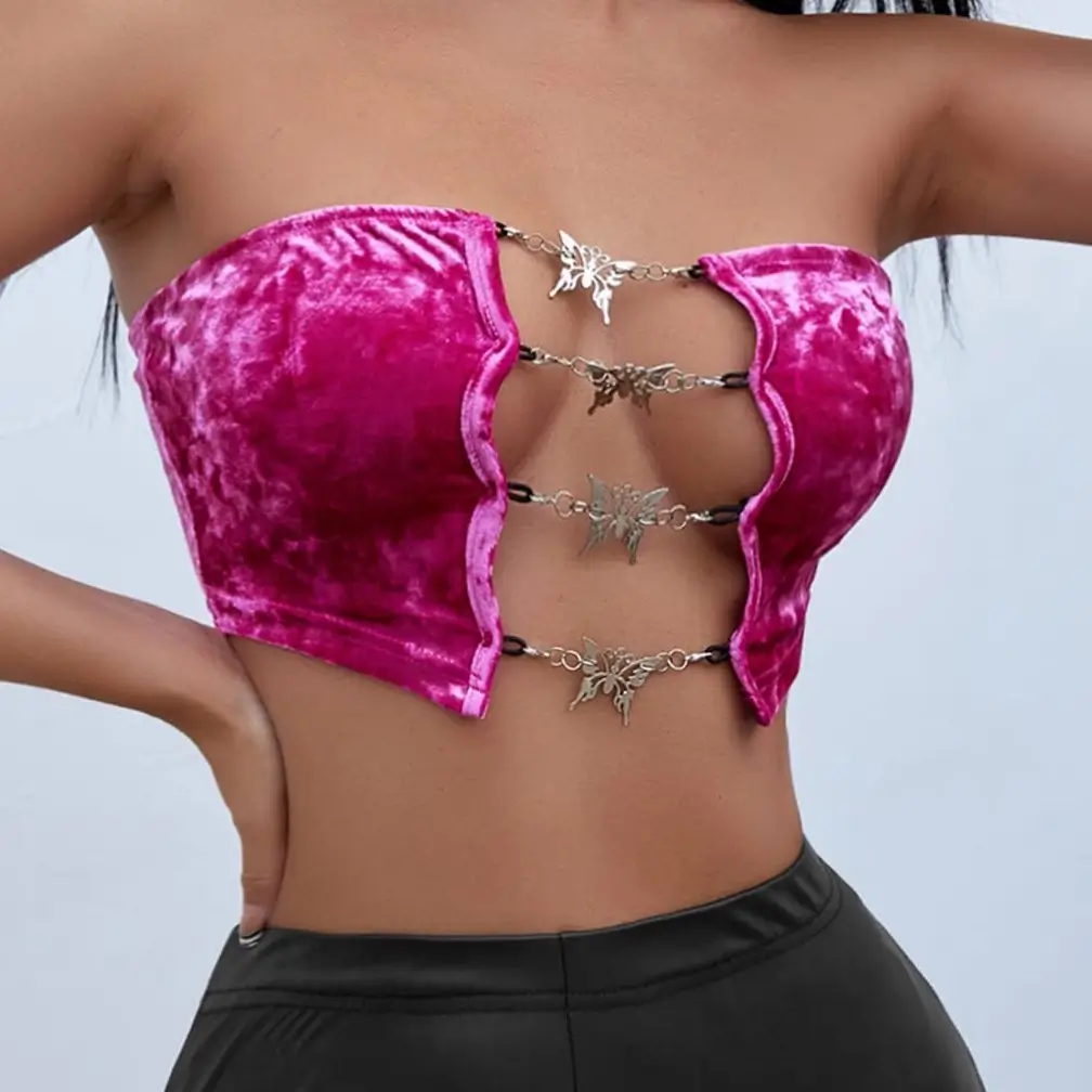 summer crop top outfits for women Velvet Texture and Statement Hardware Details