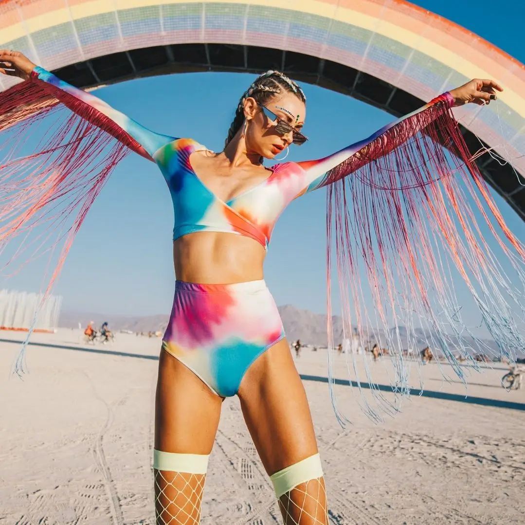 summer rave outfit women 2026 Sunset Tie Dye Motion with Statement Fringe Sleeves