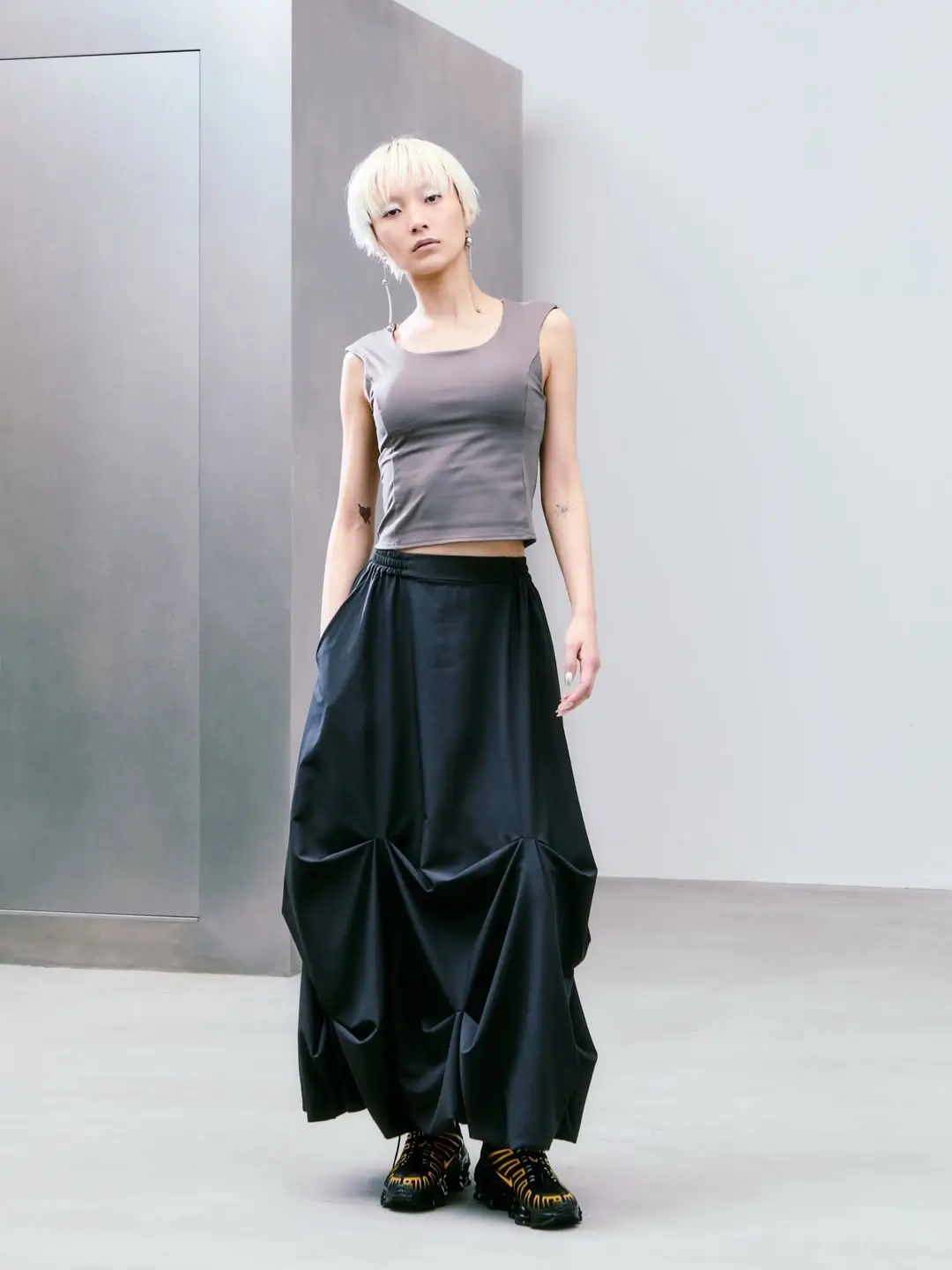 summer skirt outfits 2026 Architectural Long Black Skirt with Statement Volume