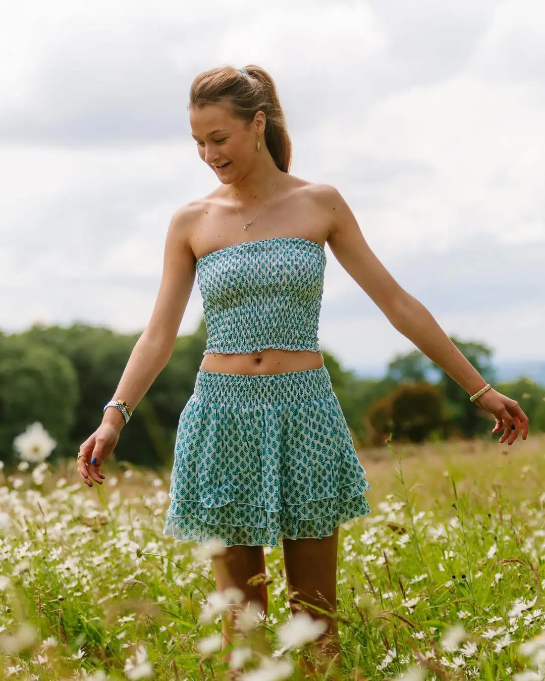 summer skirt outfits 2026 Soft Blue Two-Piece Set with Playful Summer Ease
