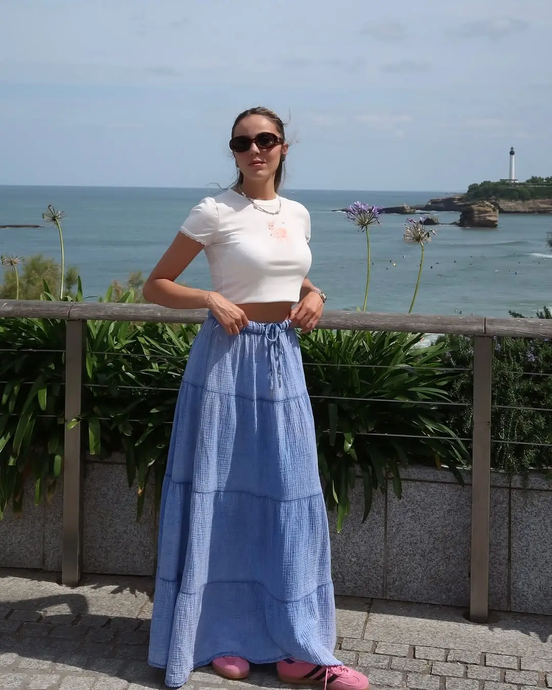 summer skirt outfits 2026 Soft Blue Maxi Skirt with Coastal Ease
