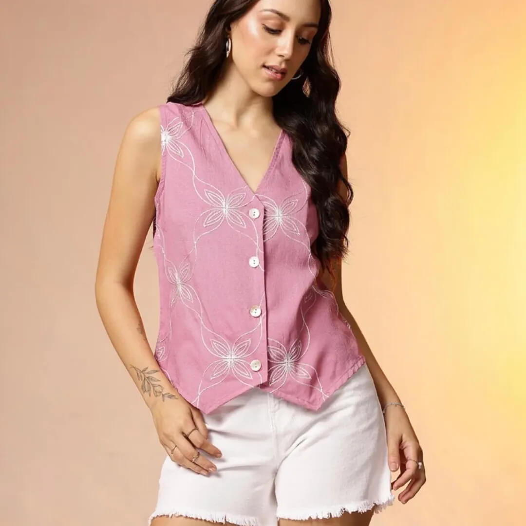 summer sleeveless tops for women Pink Embroidered Button Top - The Playful Everyday Piece