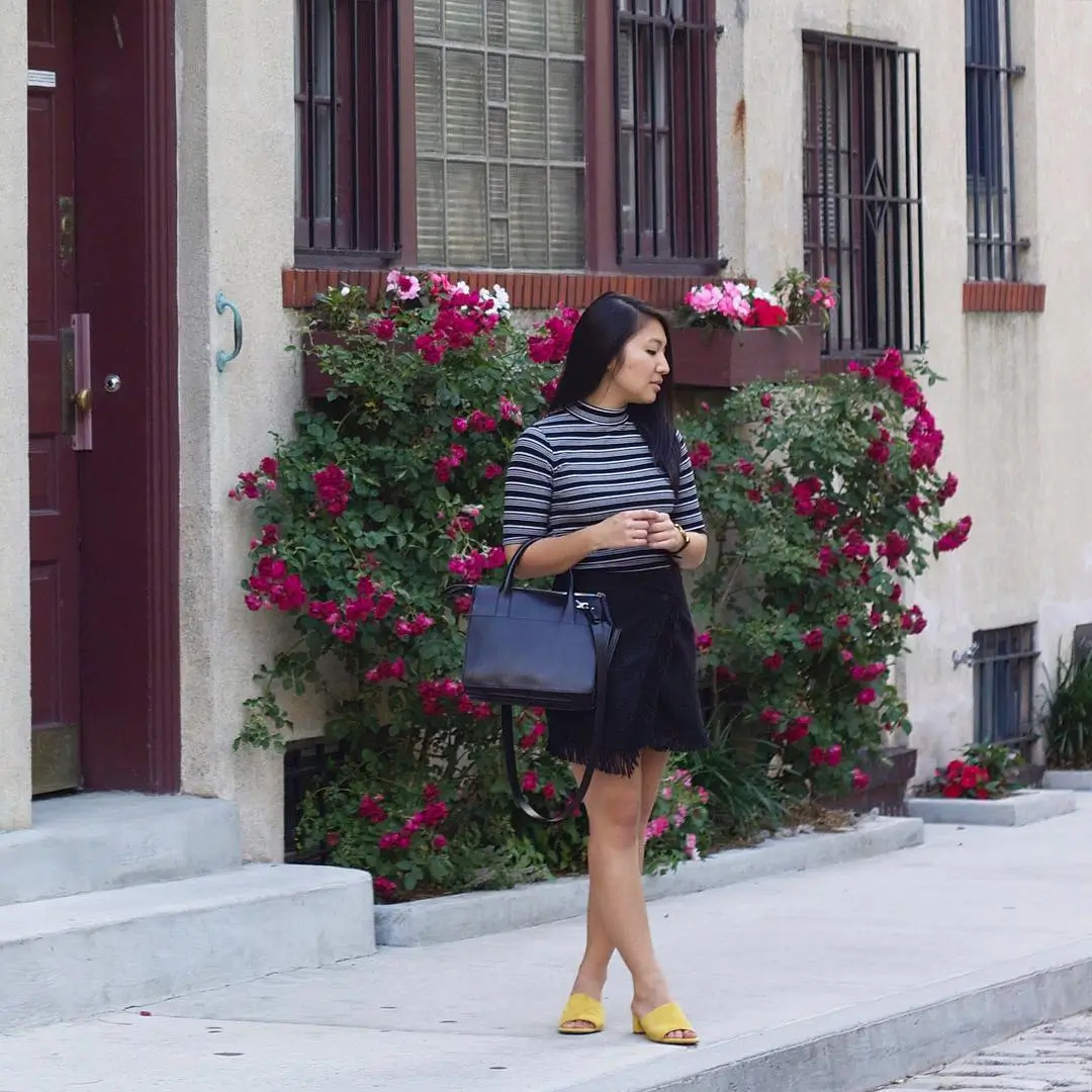 summer work outfits for the office 2026 Striped Top and Black Skirt