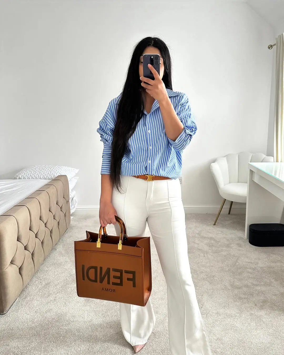 summer work outfits for the office 2026 Blue Shirt and White Pants