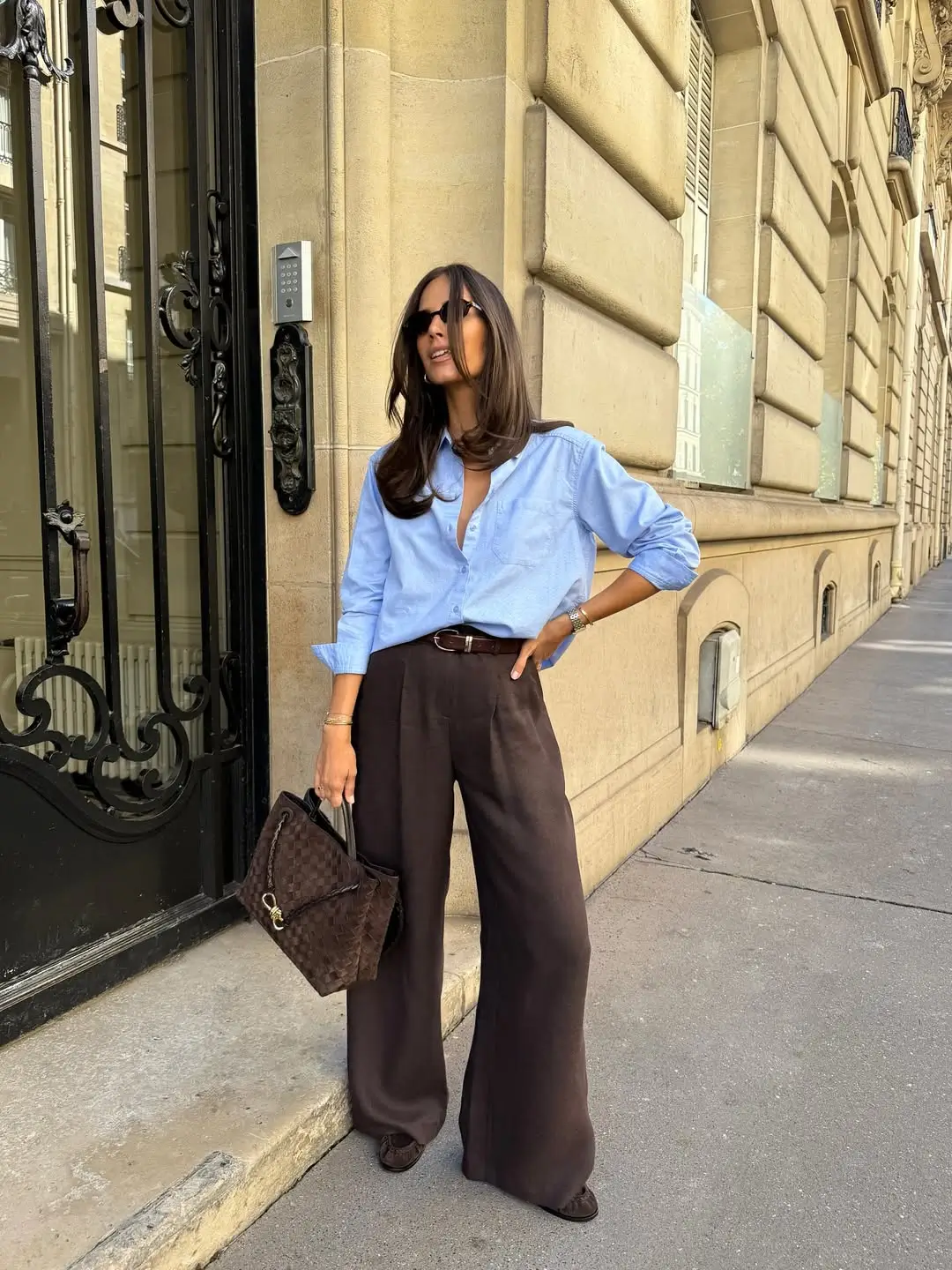 summer work outfits for the office 2026 Blue Shirt and Wide Pants