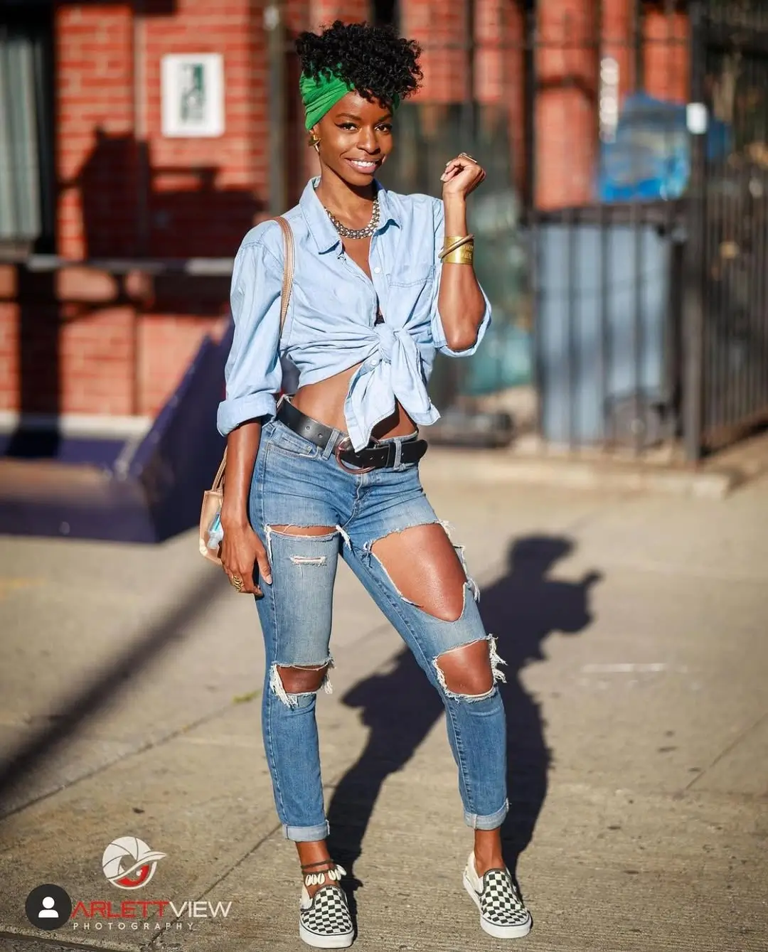 trendy summer outfits black woman 2026 Denim and Knotted Shirt for Effortless Street Style