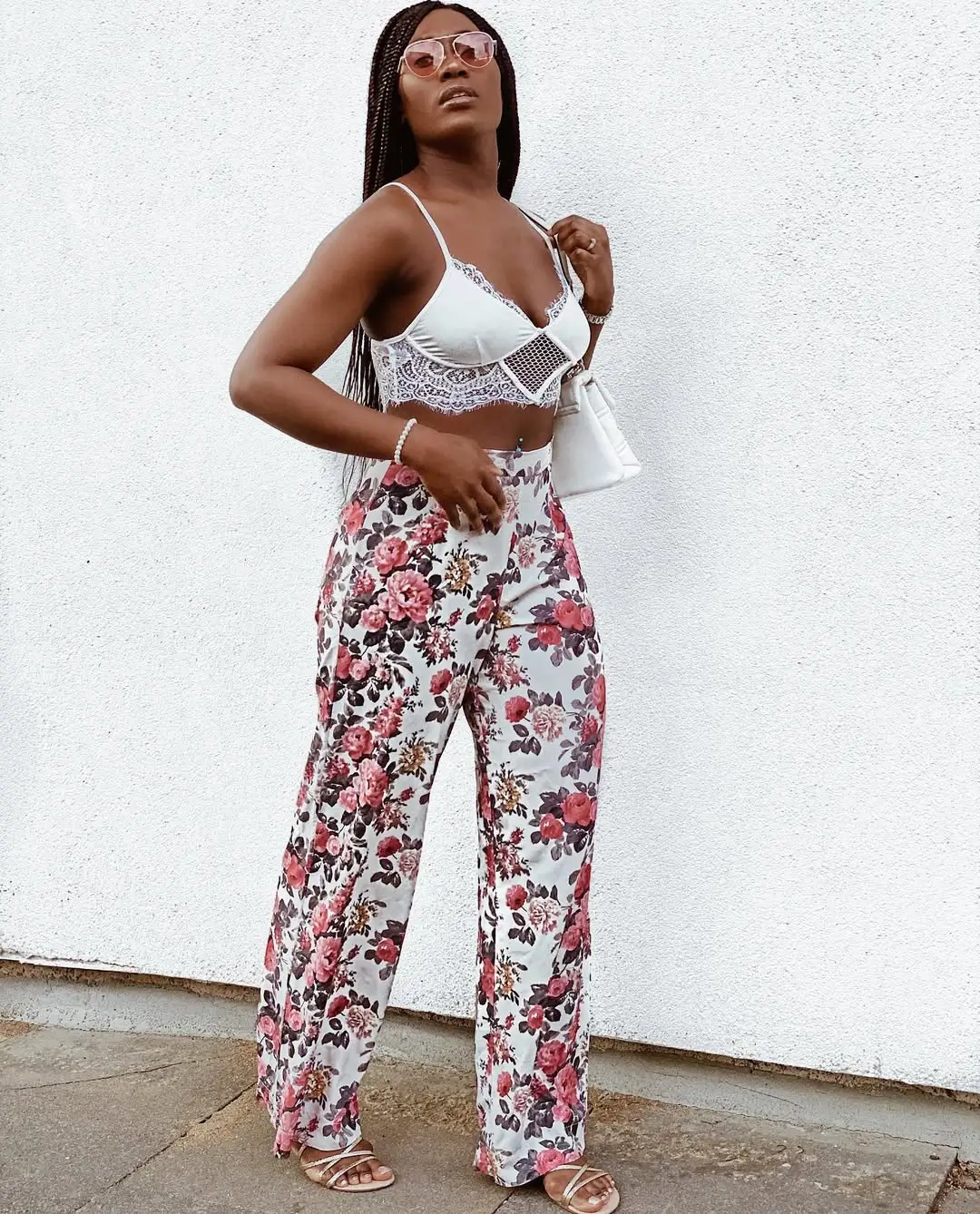 trendy summer outfits black woman 2026 Floral Pants and Lace Details for Soft Contrast Styling