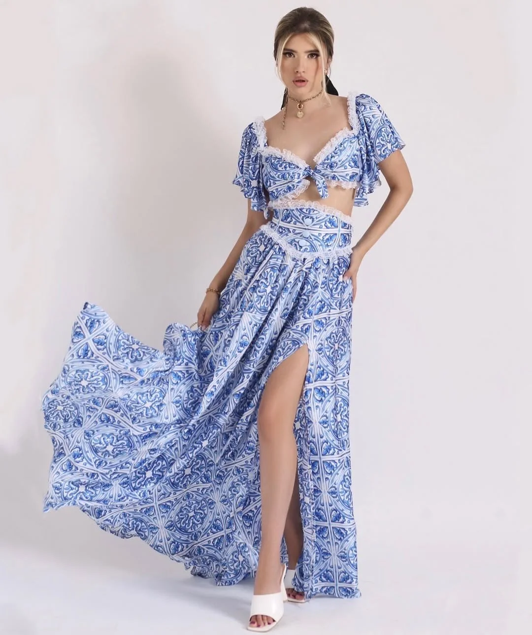 summer set outfits for women 2026 Blue Porcelain Drama - The Statement Skirt Set That Moves With You