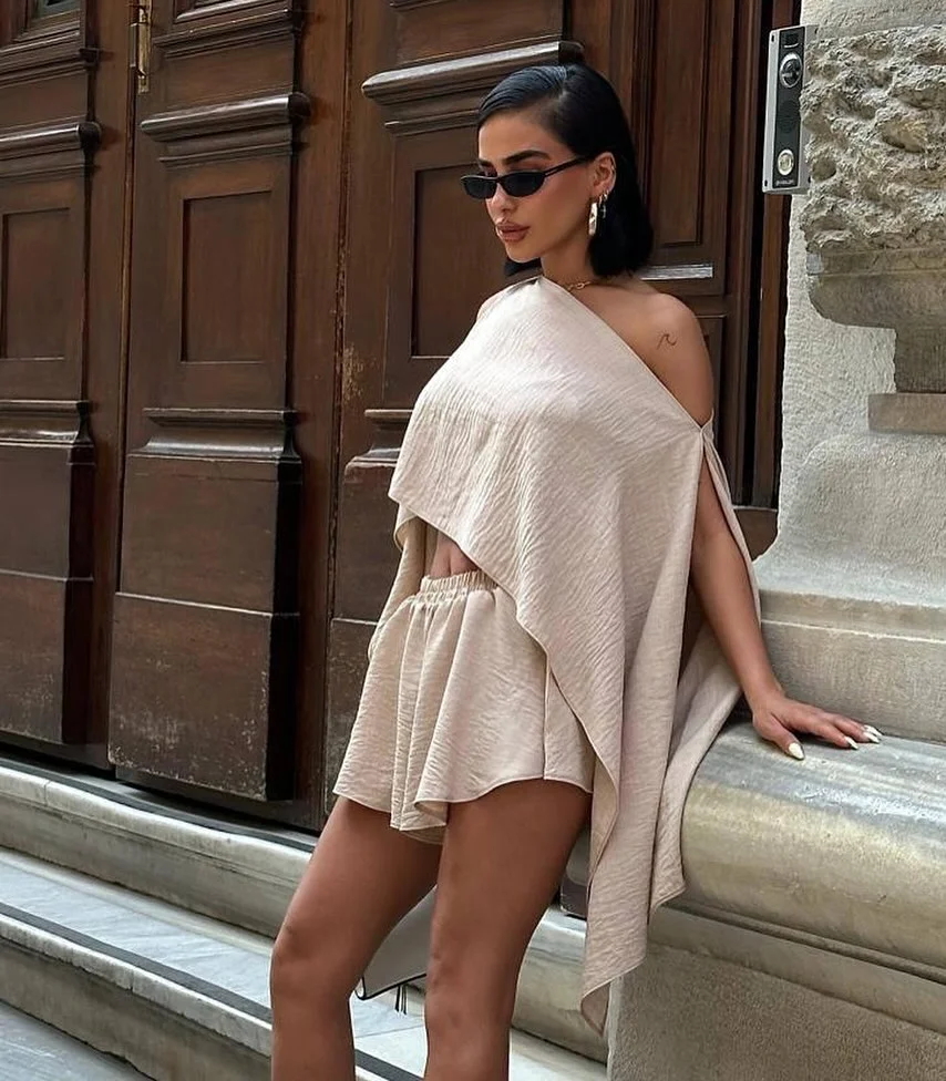 summer set outfits for women 2026 Soft Sand Minimalism - The Draped Set That Feels Effortless