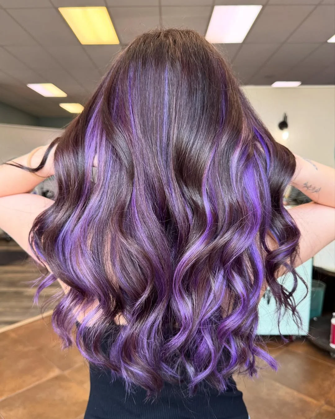flattering summer ombre hair color 2026 Soft Violet Ribbons Through Chocolate Waves