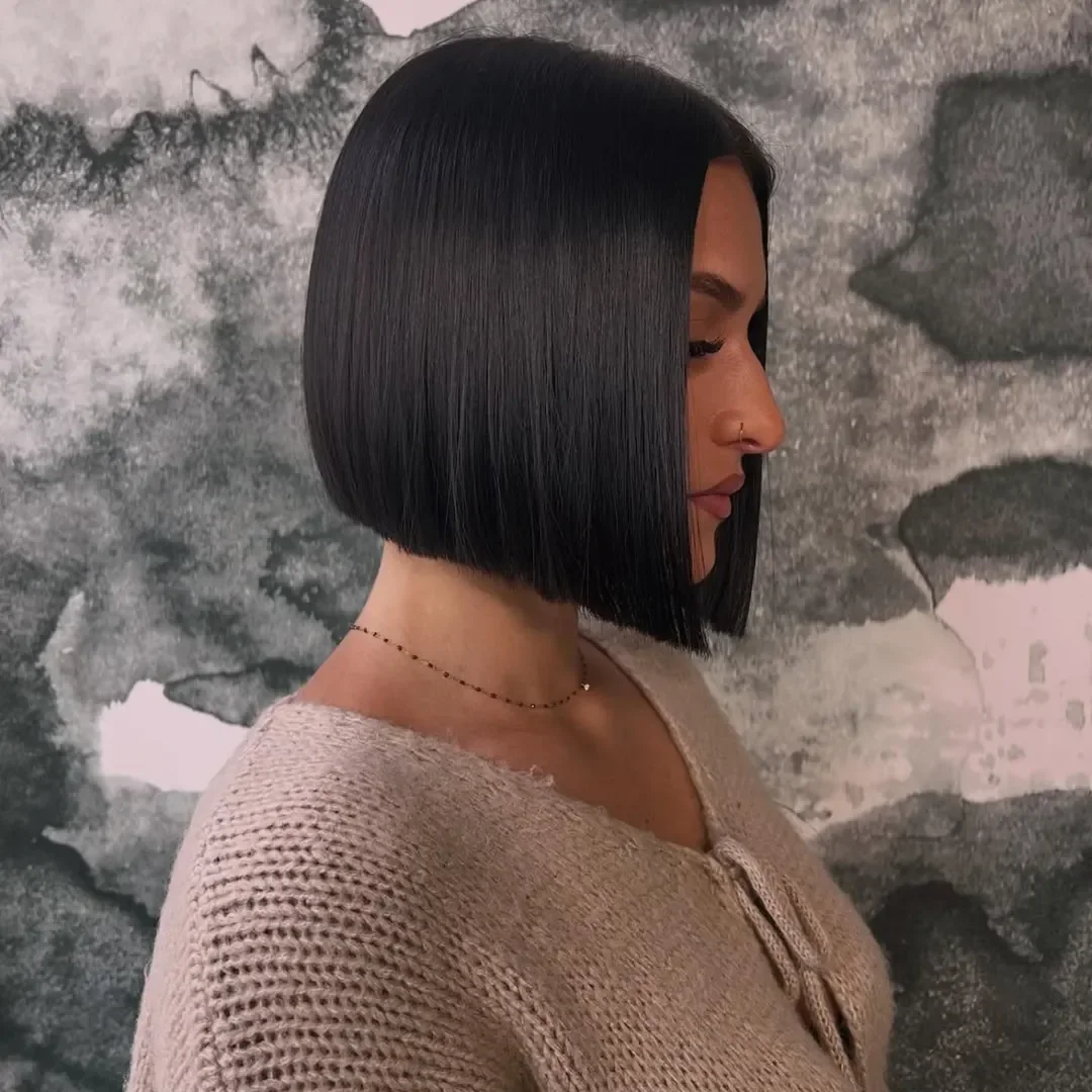 summer bob haircut 2026 Classic Jet Black Precision Bob with Sculpted Edge