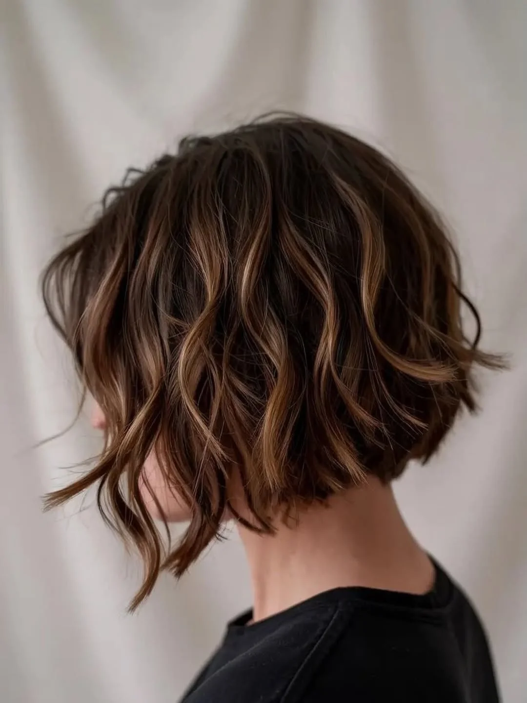 summer bob haircut 2026 Textured Brunette Bob with Sunlit Ribbons