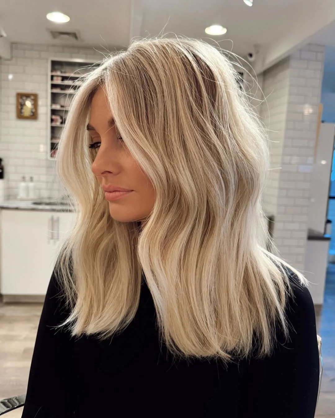 glossy summer blonde hair color 2026 Soft Glossy Layers with Neutral Blonde Depth