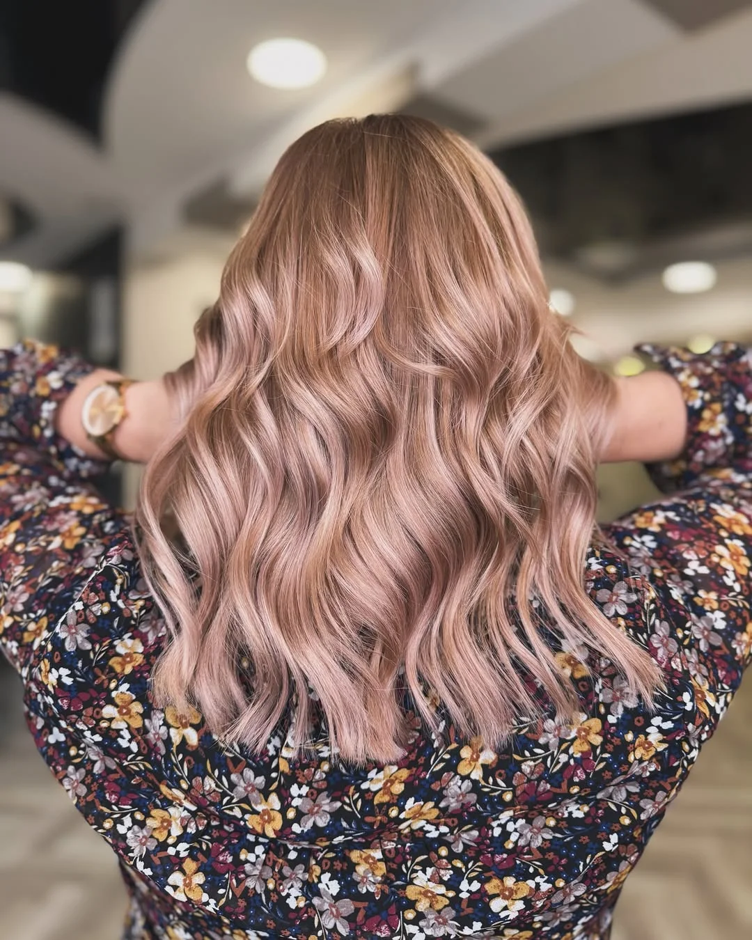 glossy summer blonde hair color 2026 Soft Rose Blonde Waves with Muted Gloss Finish