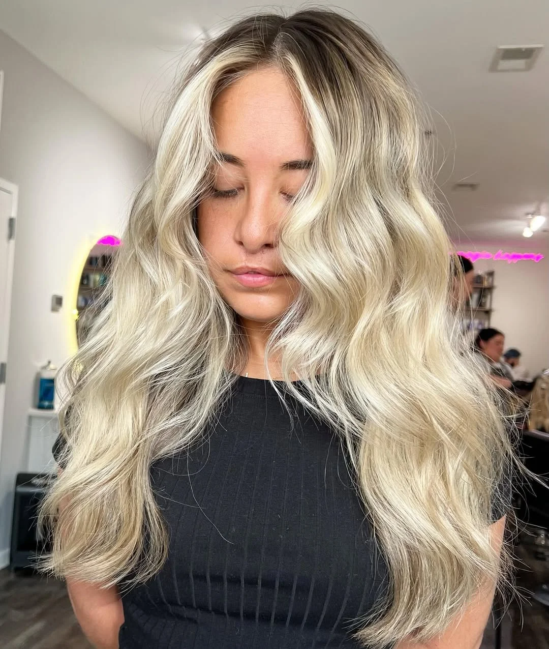 glossy summer blonde hair color 2026 Airy Root Melt Blonde with Soft Face-Framing Lightness