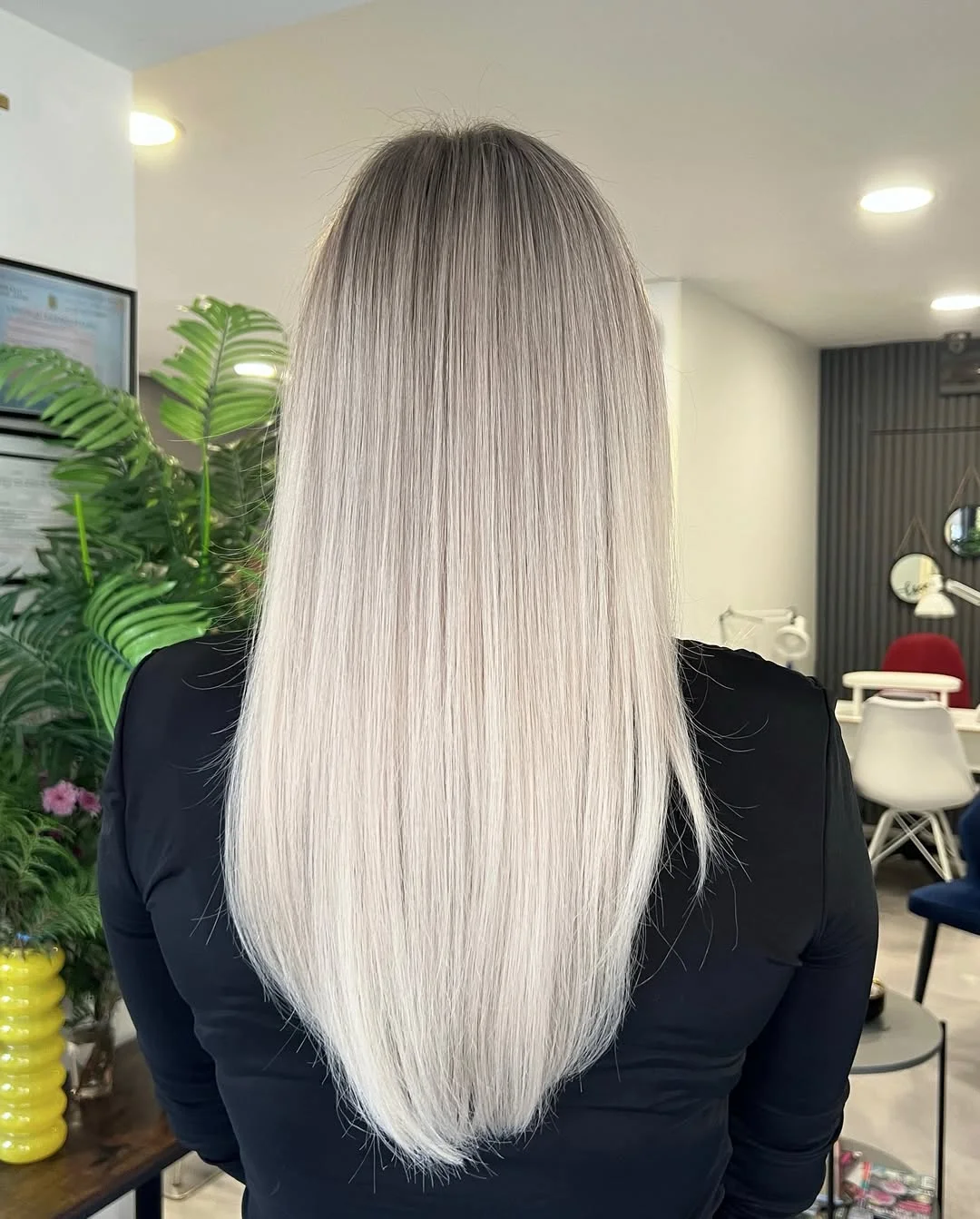 glossy summer blonde hair color 2026 Sleek Glass Ash Blonde with Precision Ends