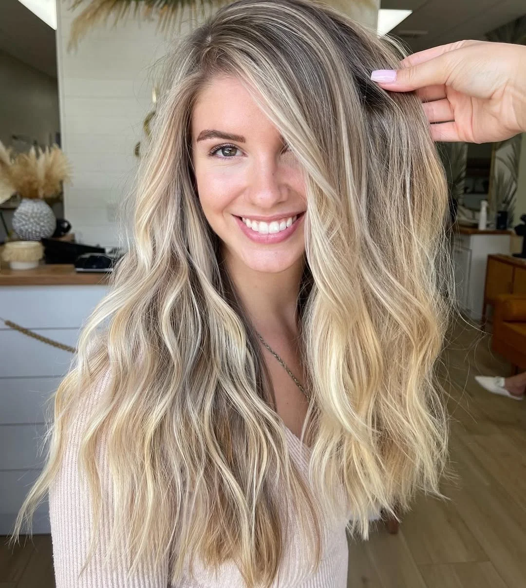 glossy summer blonde hair color 2026 Dimensional Blonde Balayage with Light Brown Depth