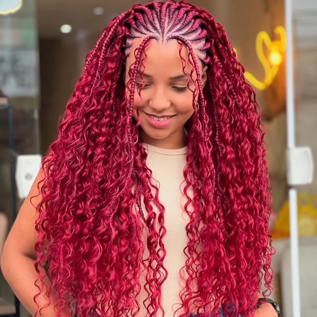 intricate summer braids hairstyle 2026 Cherry Red Spiral Braids With Statement Length
