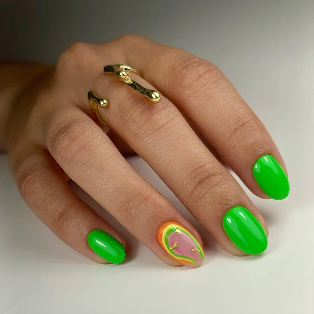 june nail colors 2026 Electric Lime Nails with Retro Swirl Accents