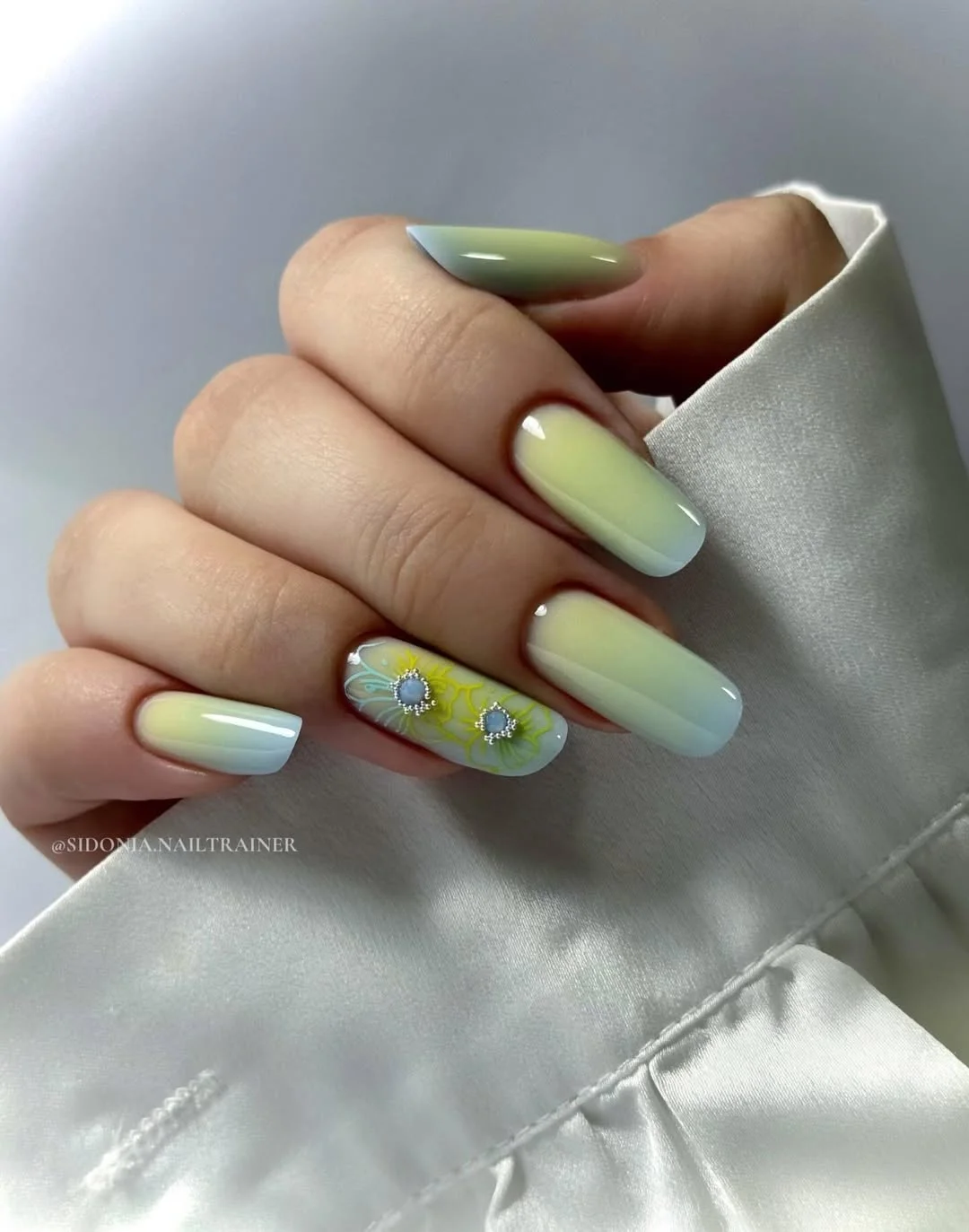 june nail colors 2026 Pastel Lemonade Fade with Delicate Floral Details