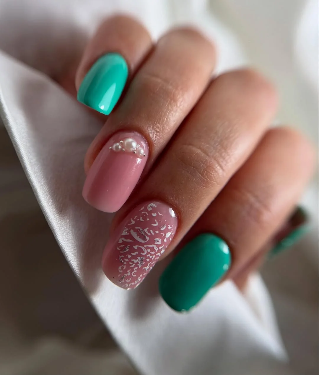 june nail colors 2026 Tropical Mint and Blush Nails with Pearled Details
