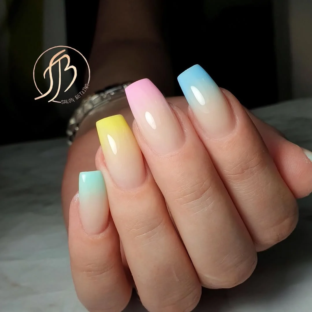 june nail colors 2026 Rainbow Sorbet Ombre Nails with Glossy Summer Fade