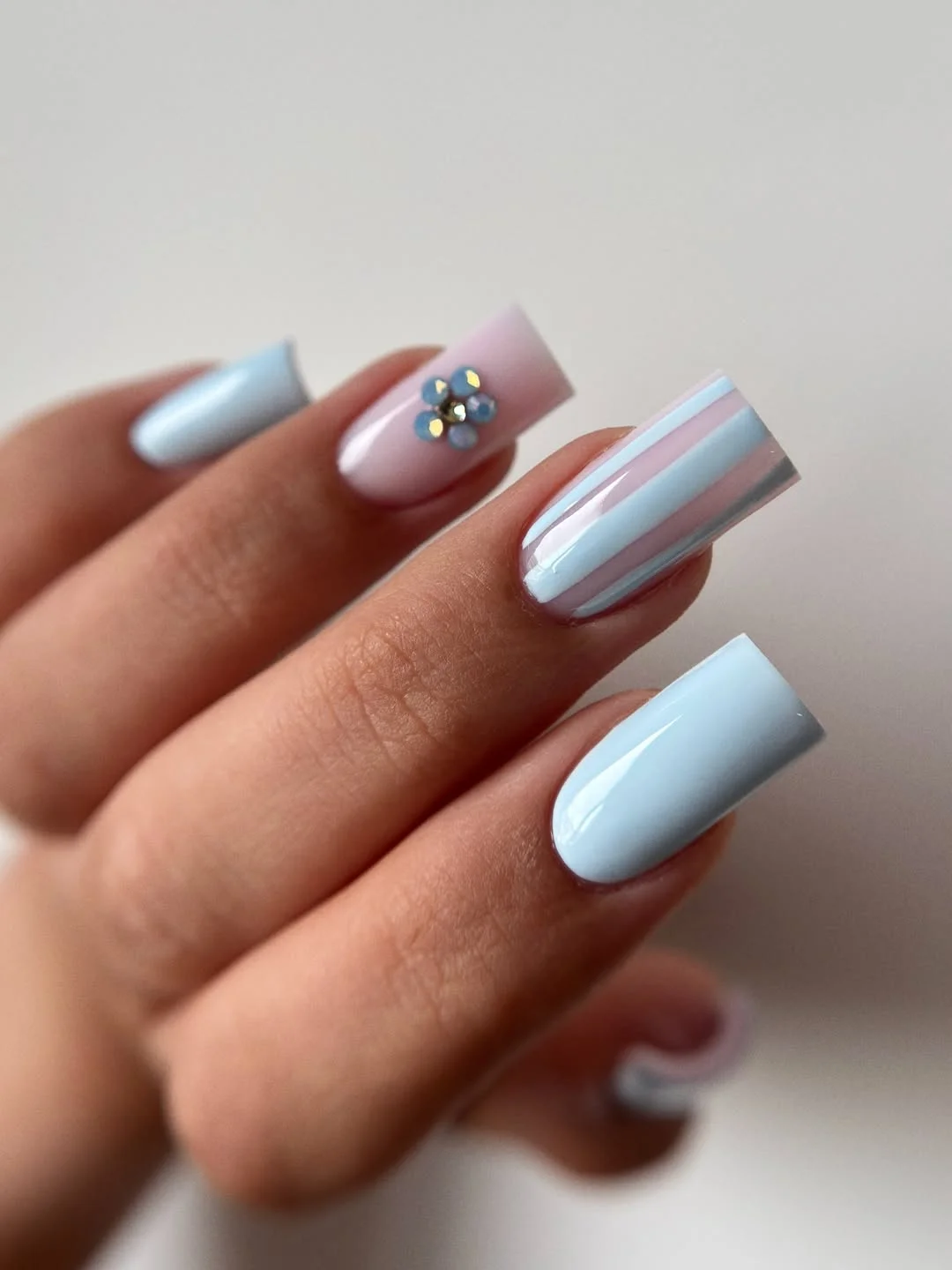 june nails ideas 2026 Baby Blue Square Nails With Retro Candy Stripes