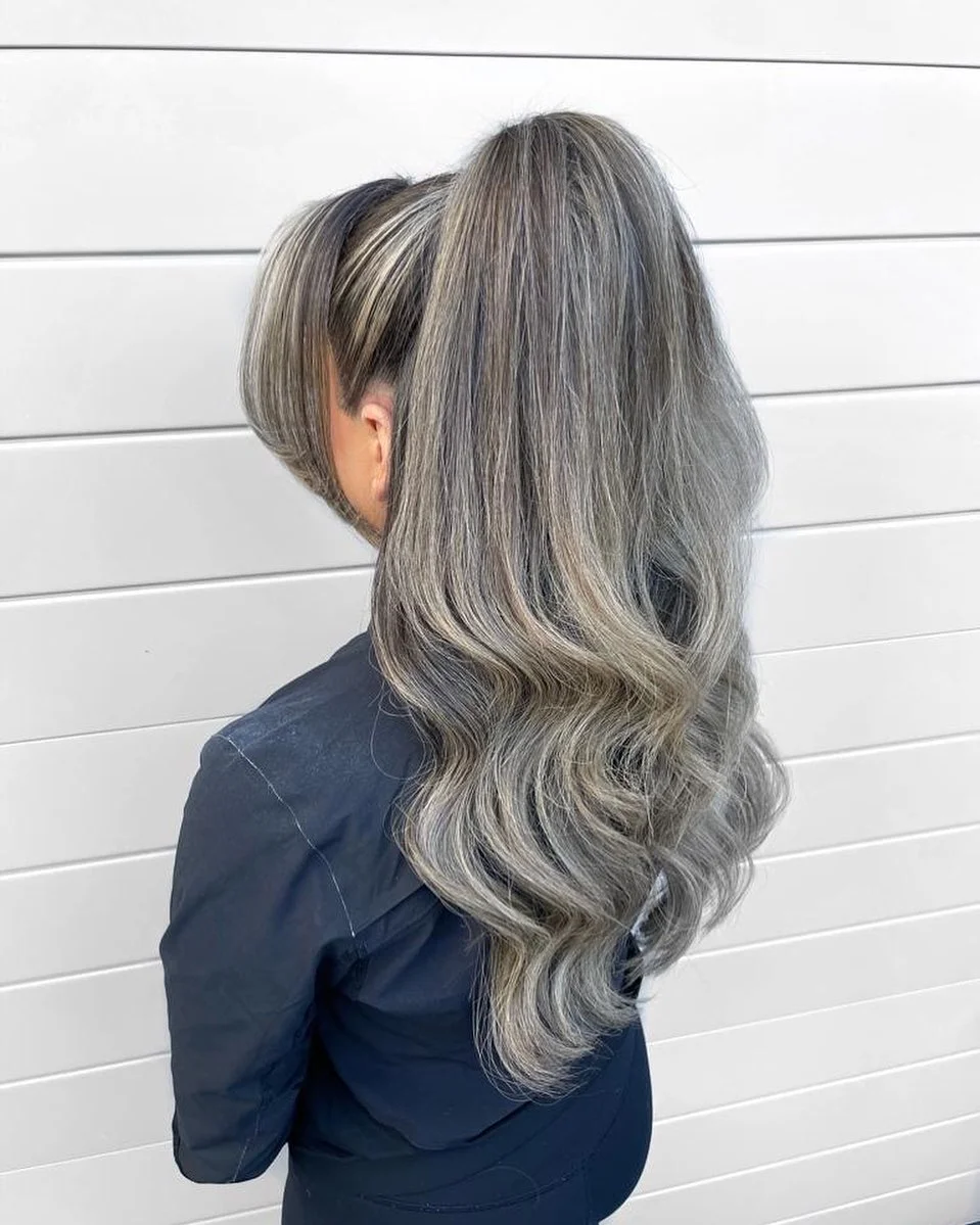 messy summer ponytail hairstyle 2026 Cool-Toned Silver Ponytail With Soft Glam Volume